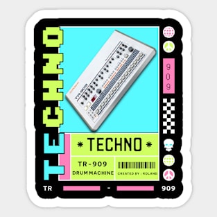 TECHNO  - TR 909 Drum Machine (white/lime/pink) Sticker